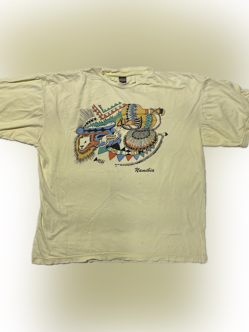 Ash Cream Graphic Namibia Lion Tee with Multicolor Tribal Print
